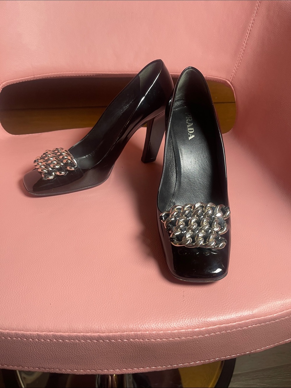 Prada Black Patent Pumps with Silver Chain Accent size 8.5